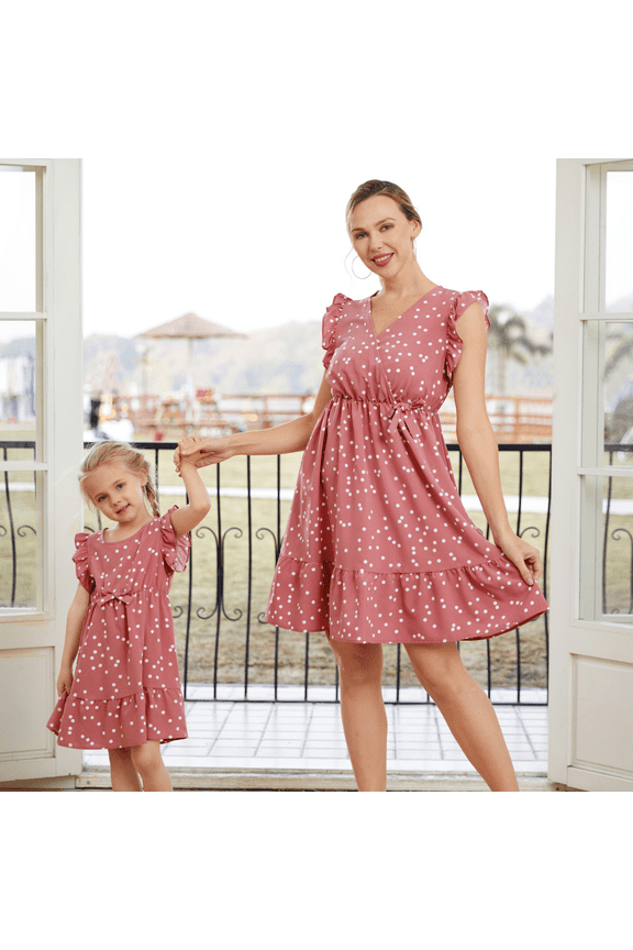 Mommy and Me Dresses Family Matching Outfits All Over Dots Pink Cross Wrap V Neck Ruffle Flutter-sleeve Dress for Mom and Me Clothes for Women and Girl Dress