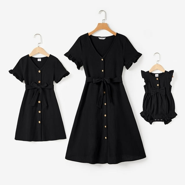 PatPat Mommy and Me Dresses Family Matching Outfits Mother's Day 100% Cotton Button Front Solid V Neck Ruffle-sleeve Belted Dresses Toddler Girl 2T Black Dress