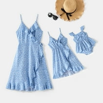 PatPat Mommy and Me Dresses Family Matching Outfits,Sleeveless Spaghetti Strap A-line Midi Wrap Dress Beach Boho Mother Daughter Matching Outfits,Snap Closure Bowknot Romper for Baby Girls