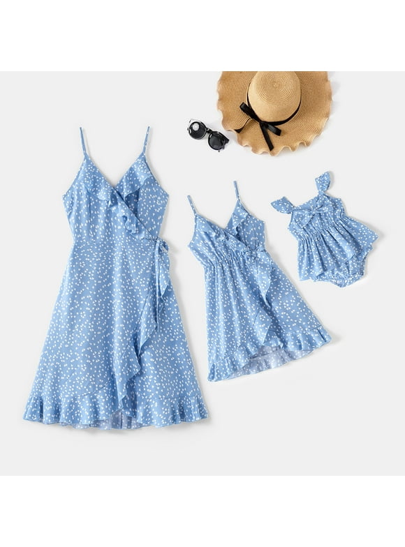 PatPat Mommy and Me Dresses Family Matching Outfits,Sleeveless Spaghetti Strap A-line Midi Wrap Dress Beach Boho Mother Daughter Matching Outfits,Snap Closure Bowknot Romper for Baby Girls