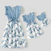 PatPat Mommy and Me Flutter Sleeveless A-line Dress,Womens Splicing Floral Midi Swing Dresses Baby Girls Romper,V-Neck Beach Sundress Family Matching Outfits Gifts for Mom