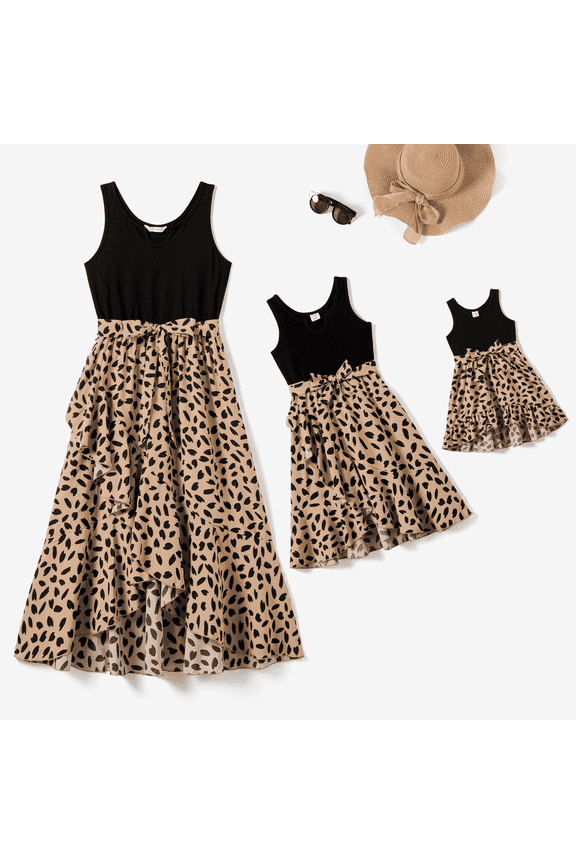 Mommy and Me Black Tank Top Splicing Leopard Print Frill Wrap Dresses Girl 2-9T