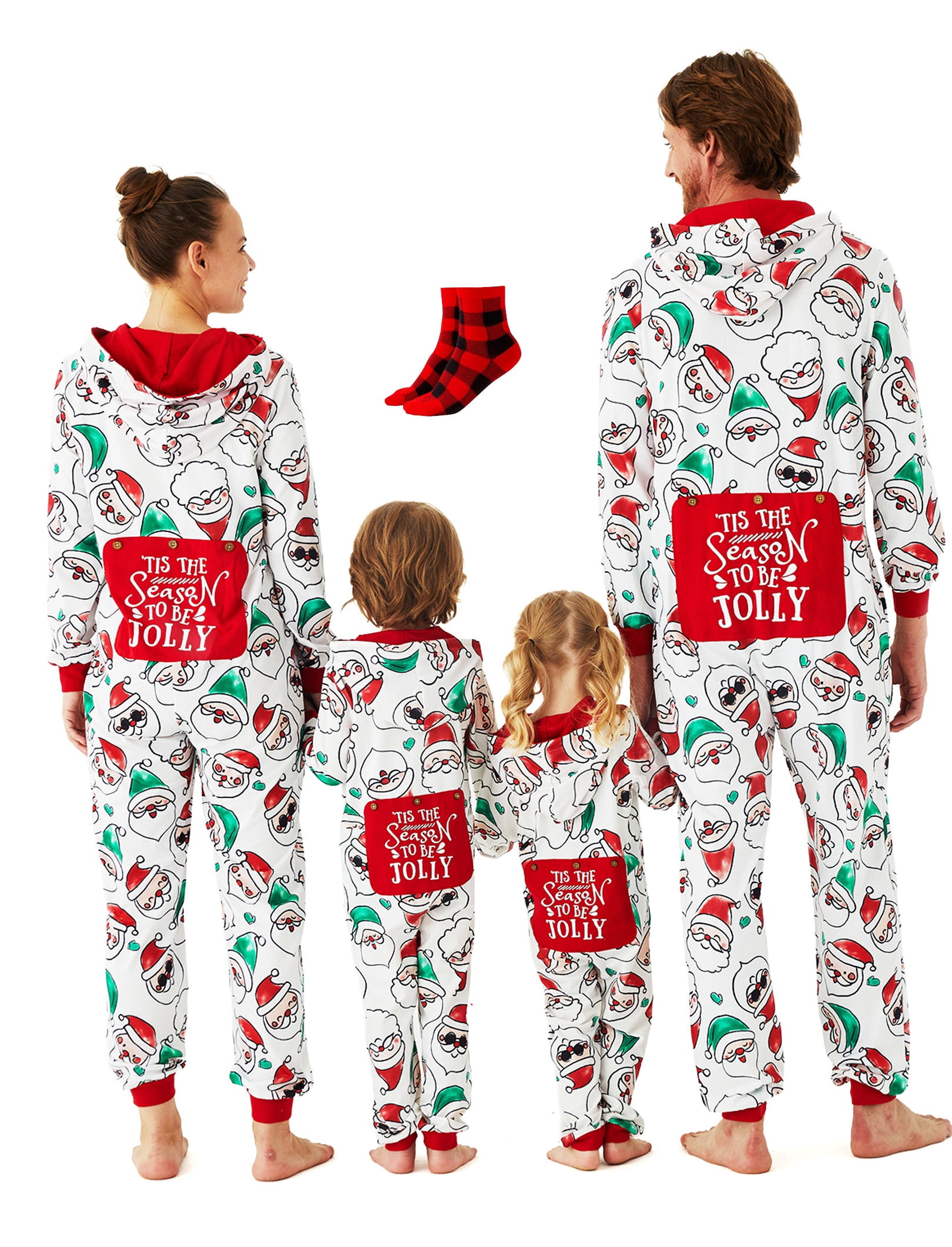 PatPat Christmas Family Matching Pajamas Holiday Couple Onesies for Men Allover Santa Claus Print Long Sleeve Hooded Zipper One Piece Pjs with Socks, M