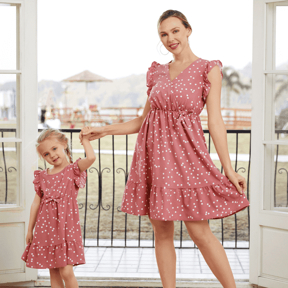 PatPat Mommy and Me Dresses Family Matching Outfits Dots Pink V Neck Ruffle Flutter-sleeve Dress for Women Dress
