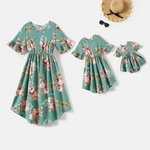 PatPat Mommy and Me Dresses Family Matching Outfits Green Baby Girl 6-9M Allover Floral Print Ruffle Half-sleeve Dresses Romper