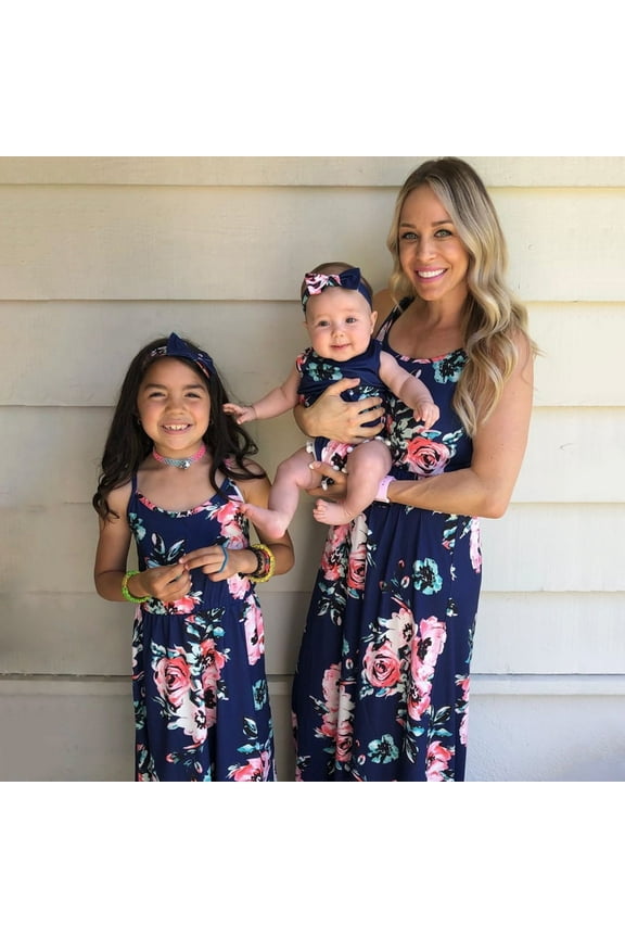 Mommy and Me Dresses Family Matching Outfits Sleeveless Floral Dresses for Girls, Dark Blue Kids Girl Dresses