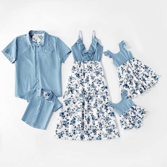 PatPat Mosaic Cotton Family Matching Outfits Mommy and Me Dark Blue Dresses and Denim Tops Polo Shirts Sets, Baby Girl 3-6M