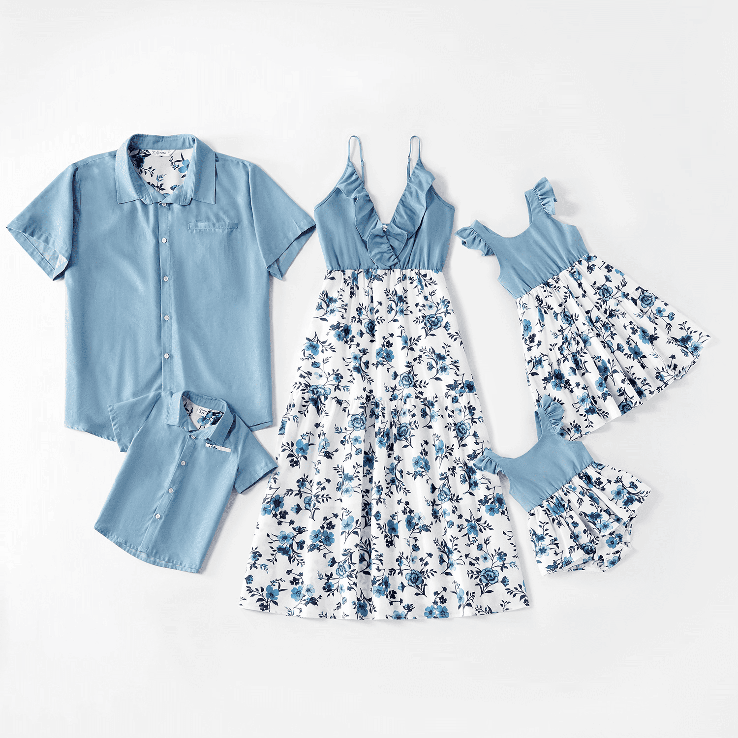 Mosaic 100% Cotton Solid Blue Matching Mini Dresses