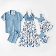 PatPat Mosaic Cotton Family Matching Outfits Mommy and Me Dark Blue Dresses and Denim Tops Polo Shirts Sets Women Dress