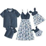 PatPat Mosaic Cotton Family Matching Outfits Mommy and Me Dresses and Denim Tops Polo Shirts Sets, Baby Girl 0-3M