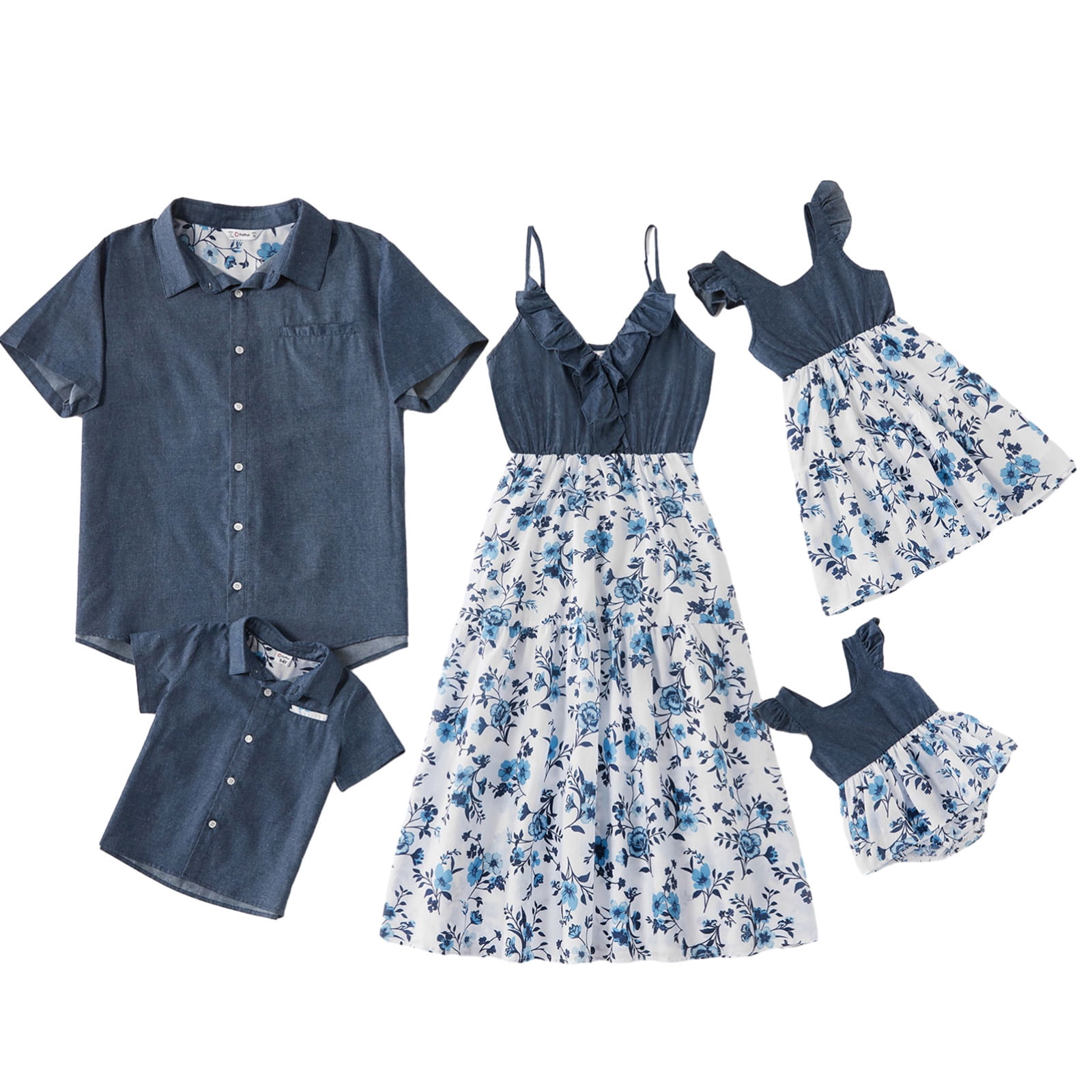 PATPAT Mosaic Cotton Family Matching Outfits Mommy and Me Dresses and Denim Tops Polo Shirts Sets, Boy 2-8 T