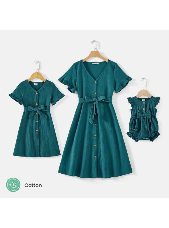 PatPat Mother's Day Family Matching Outfits Mommy and Me 100% Cotton Button Front Solid V Neck Ruffle-sleeve Belted Dresses, Baby Girl Dresses