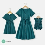 PatPat Mother's Day Family Matching Outfits Mommy and Me 100% Cotton Button Front Solid V Neck Ruffle-sleeve Belted Dresses, Women Dress