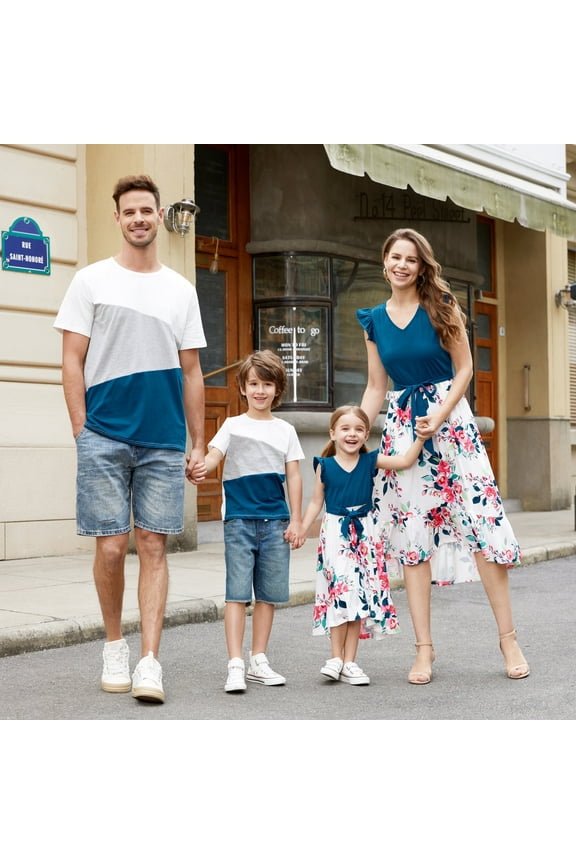 Mother's Day Family Matching Outfits Solid V Neck Mommy and Me Girl Dresses and T-shirts Sets, Baby Girl 9-12M