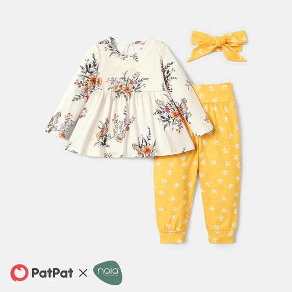 PatPat Toddler Girls Clothes 3pcs Toddler Girl Floral Print Long-sleeve Tee & Pants and Headband Set, Yellow, 2T