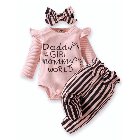 PatPat Newborn Baby Girls Clothes Long Sleeve Romper Jumpsuit Striped Pants Outfit Set, 0-3 Months