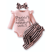 PatPat Newborn Baby Girls Clothes Long Sleeve Romper Jumpsuit Striped Pants Outfit Set, 6-9 Months