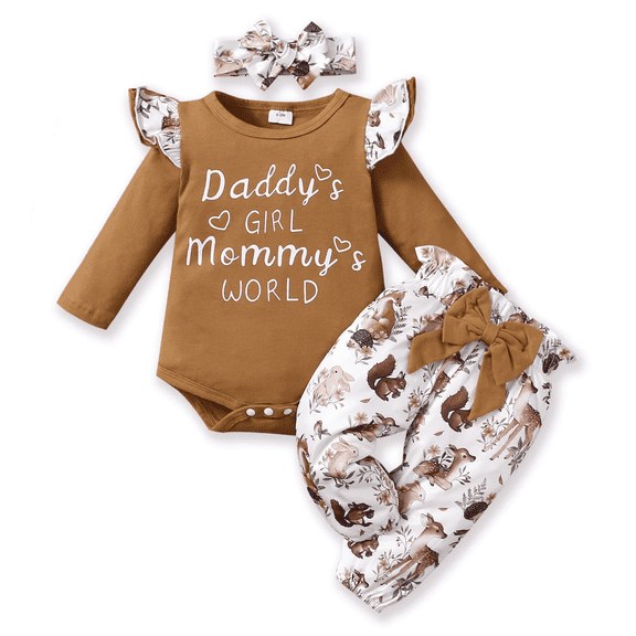 PatPat Newborn Baby Girls Cotton Clothes Long Sleeve Romper Jumpsuit Pants Outfit Set, 0-3 Months