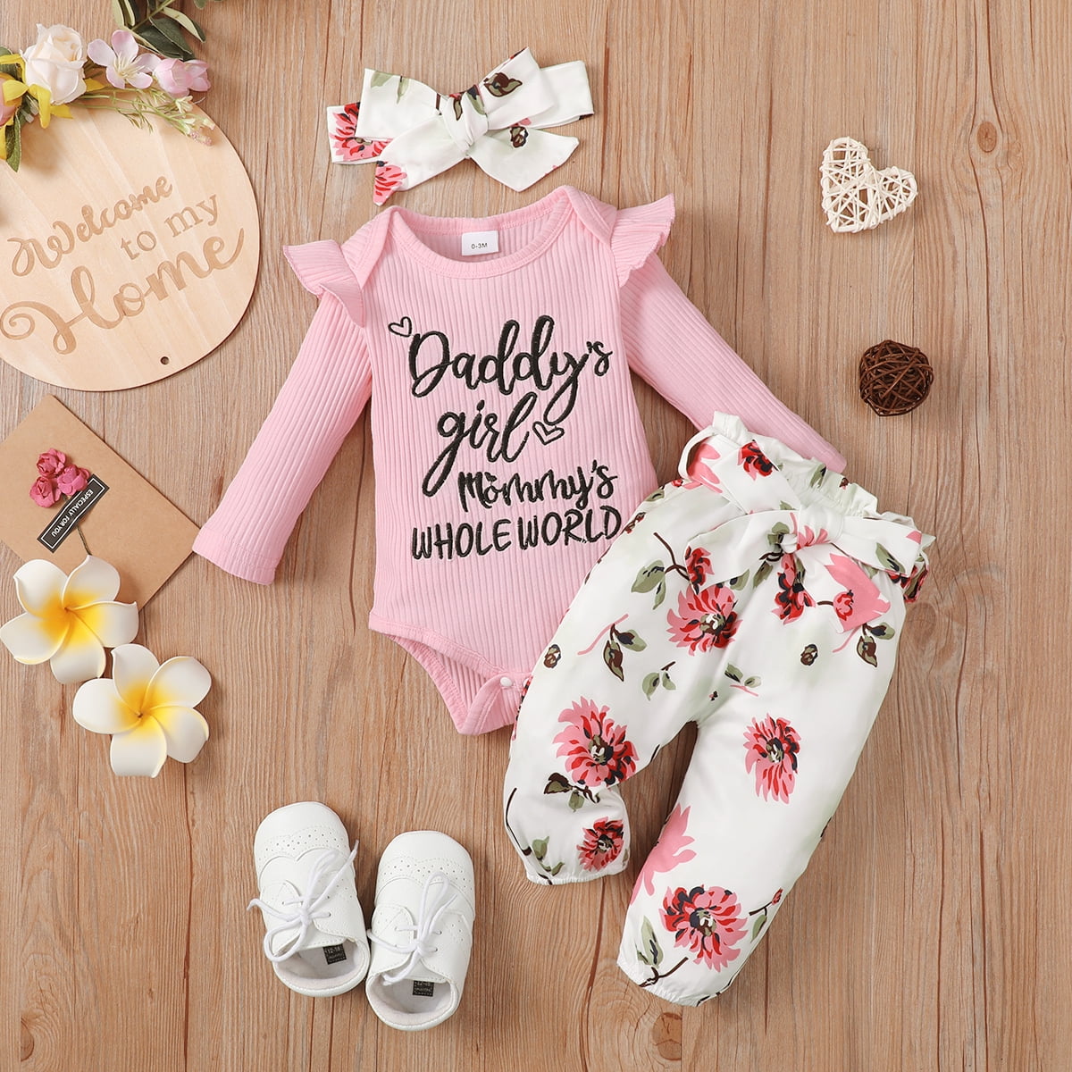 3pcs Baby Girl 95% Cotton Long-sleeve Romper and Floral Print Ruffle Overalls with Headband Set