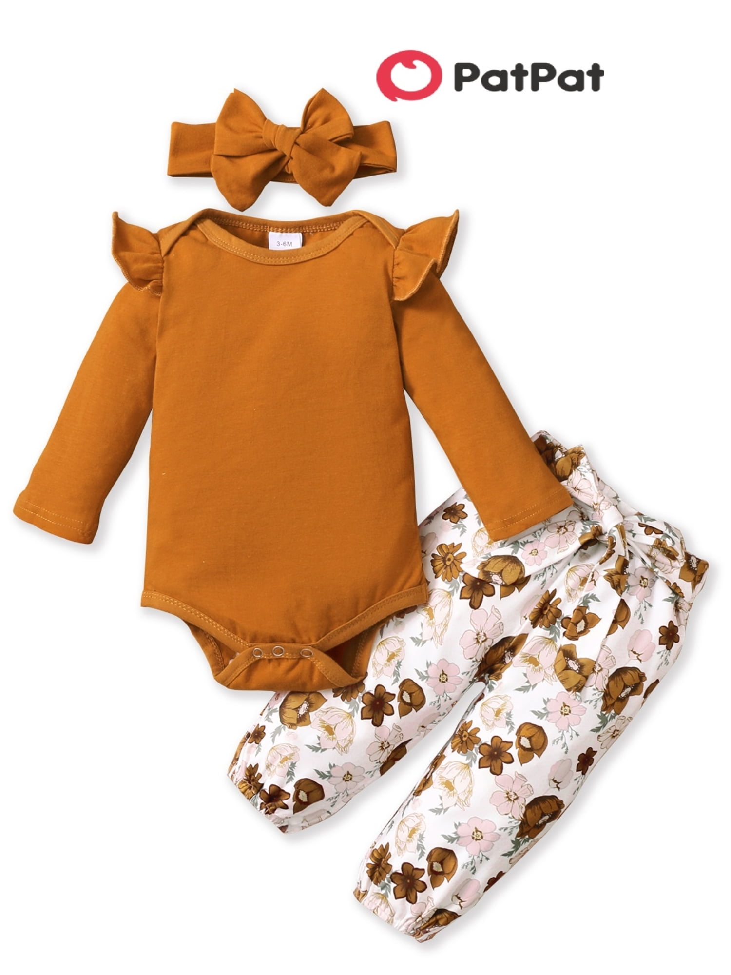 PatPat Newborn Baby Girls Romper Pants Set,Long Flutter Sleeve Jumpsuit