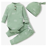 PatPat Newborn Baby Pajamas Boy Girl Clothes Cotton Outdfit Sets Ribbed Long Sleeve Romper and Pants with Cap 0-3 Months