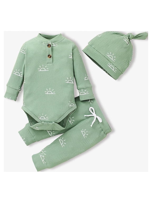 Newborn Baby Pajamas Boy Girl Clothes Cotton Outdfit Sets Ribbed Long Sleeve Romper and Pants with Cap 0-3 Months