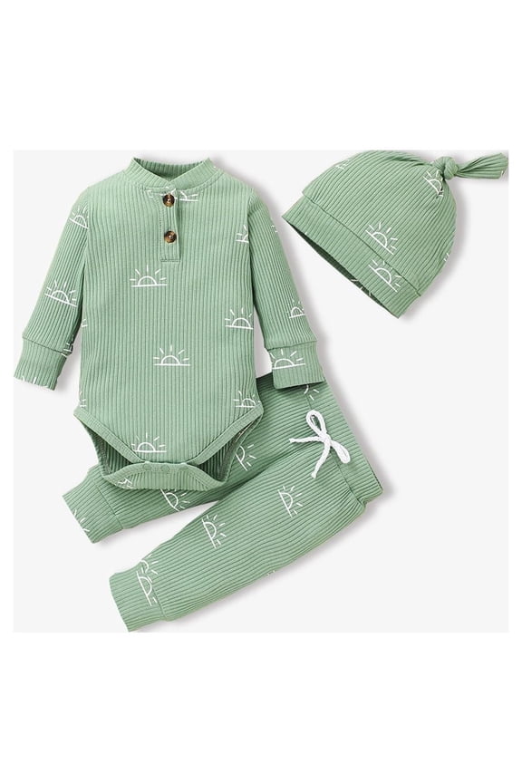 Newborn Baby Pajamas Boy Girl Clothes Cotton Outdfit Sets Ribbed Long Sleeve Romper and Pants with Cap 0-3 Months