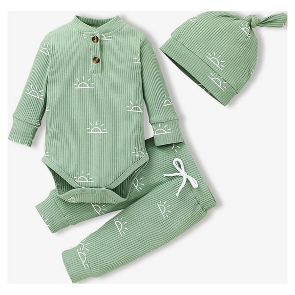 PatPat Newborn Baby Pajamas Boy Girl Clothes Cotton Outdfit Sets Ribbed Long Sleeve Romper and Pants with Cap 0-3 Months