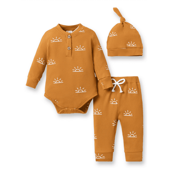 PatPat Newborn Baby Pajamas Boy Girl Clothes Cotton Ribbed Long Sleeve Romper and Pants Outfit Sets, 12-18 Months