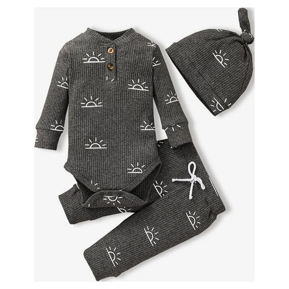 PatPat Newborn Baby Pajamas Boy Girl Clothes Cotton Ribbed Long Sleeve Romper and Pants Outfit Sets, 9-12 Months