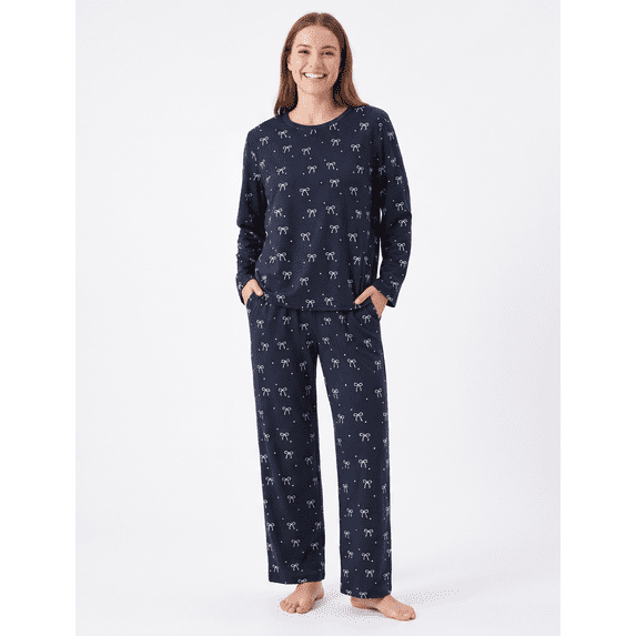 PatPat Pajamas for Women Set PJs Bow Print Long Sleeve Cute Pajama Sets with Pockets, Navy Blue, S
