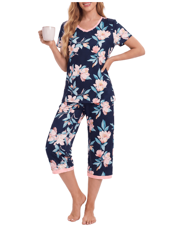 PJ Sets for Woman 2 Piece Short Sleeve Top and Capri Pants Women's Pajama Sets Ladies Lounge Set Soft Sleepwear, Dark Blue, M