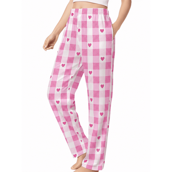PatPat Pajamas Pants for Women Christmas Plaid Pj Pants Pink Heart Print Comfy Casual Sleep Night Bottom with Pockets