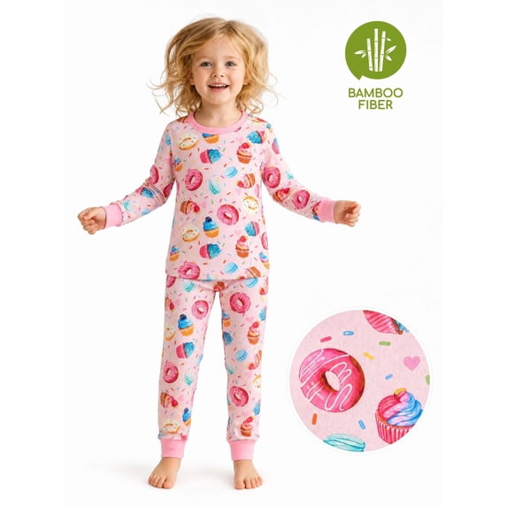 PatPat Pink Pajamas Set Toddler Girls Clothes Viscose from Bamboo Snug Fit Pjs Graphic Top & Pants Kids 2-Piece Sleepwear Sets, Pink, 2T