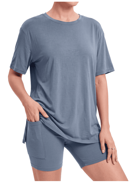 Pajamas for Women Set Soft Comfy Lounge Sets for Women 2 Piece Short Sleeve Top and Stretch Lounge Shorts with Side Pocket, Blue grey, L