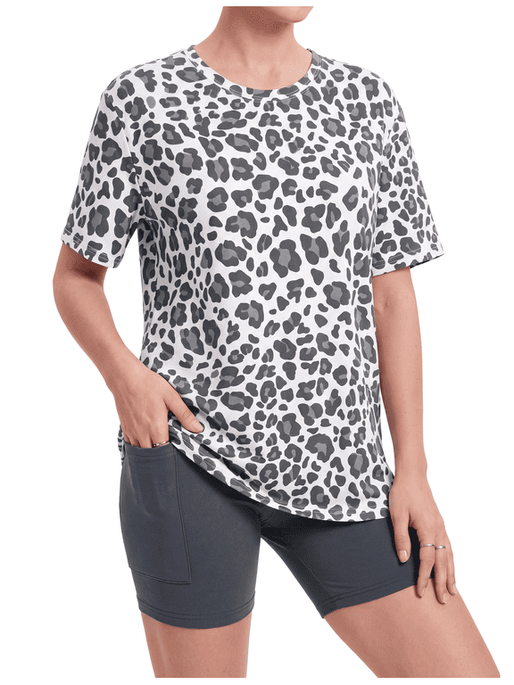 Pajamas for Women Set Soft Lounge Sets for Women 2 Piece Short Sleeve Leopard Print Top and Stretch Lounge Shorts with Side Pocket, Dark Grey, M