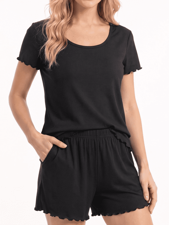 Pajamas for Women Set Scoop Neck Short Sleeve Top and Pajama Shorts Soft Comfy Lounge Sets for Women 2 Piece Short Sets with Pockets S-3X,Black, M