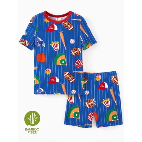 PatPat Pajamas for Kids Viscose from Bamboo Boys Snug Fit Pajamas Short Sleeve Graphic Top & Pj Pants Breathable Sleepwear Sets, Blue, 8T
