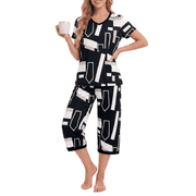 PatPat Pajamas for Women Set 2 Piece Lounge Sets V-neck Short Sleeve Pajama Top arnd Capri Pants, Black Geo, M
