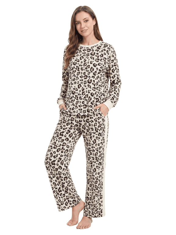 Lounge Sets for Women 2 Piece Pajamas for Women Set with Pockets Sporty Cream Contrast Trim Leopard Print Long Sleeve Top and Straight-Leg Pants, Apricot, M