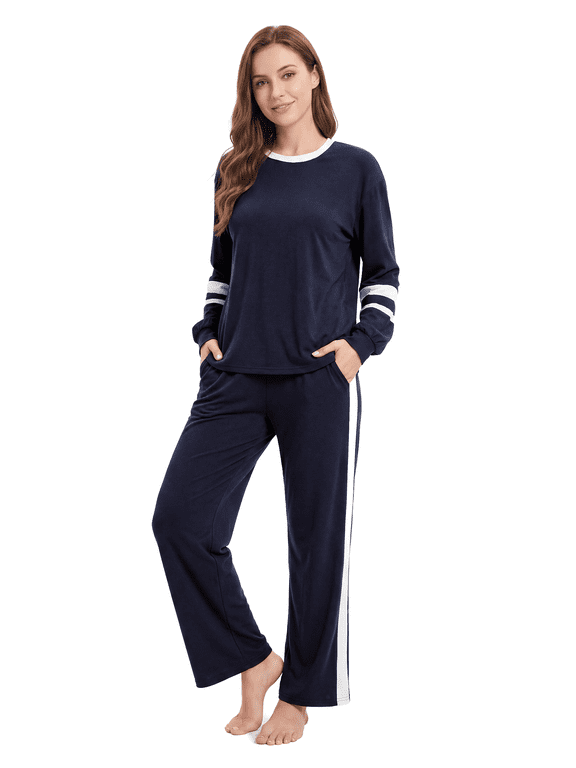 Sporty Casual Style Lounge Sets for Women 2 Piece Pajamas for Women Set with Pockets White Trim Long Sleeve Top and Straight-Leg Pants, Dark Blue, M
