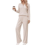 PatPat Lounge Sets for Women Comfy 2 Piece Sets for Women with Wide-Rib Texture Long-Sleeve Henley-Neck Top and Straight-Leg Pants Matching Lounge Sets for Women, Apricot, M