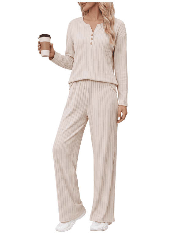 Lounge Sets for Women Comfy 2 Piece Sets for Women with Wide-Rib Texture Long-Sleeve Henley-Neck Top and Straight-Leg Pants Matching Womens Pajama Sets, Apricot, M