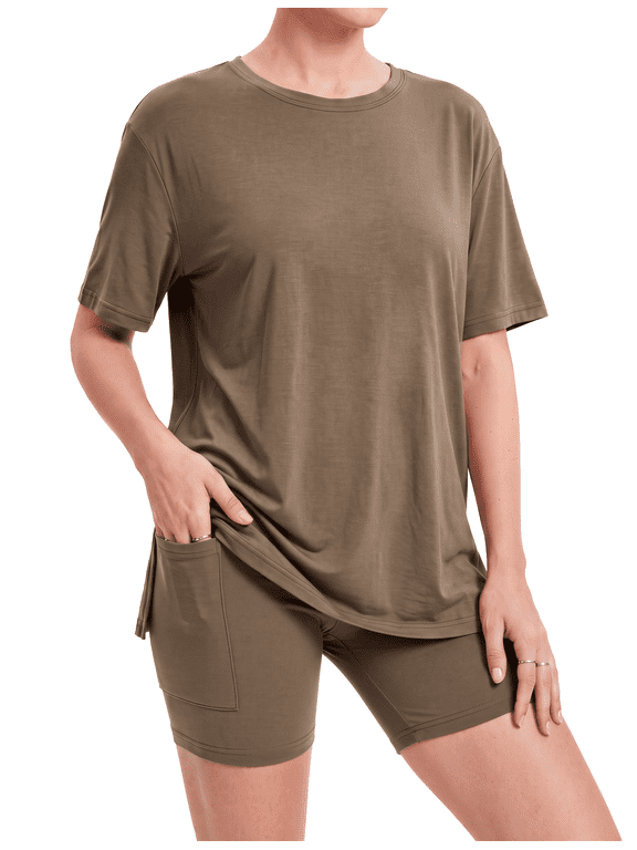 Pajamas for Women Set Soft Comfy Lounge Sets for Women 2 Piece Short Sleeve Top and Stretch Lounge Shorts with Side Pocket, Brown, M