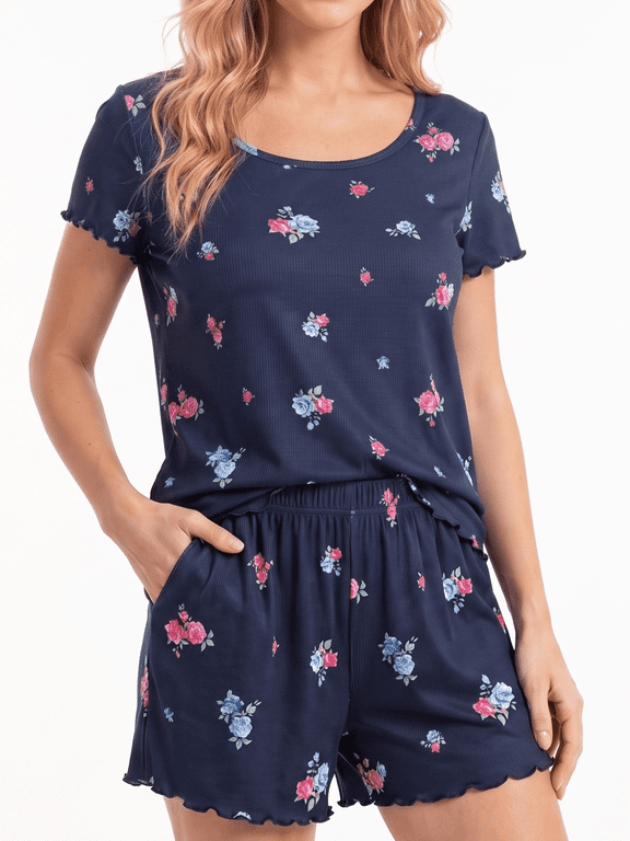 Pajamas for Women Set Scoop Neck Short Sleeve Top and Pajama Shorts Soft Comfy Lounge Sets for Women 2 Piece Short Sets with Pockets S-3X
