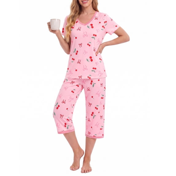 PatPat Pajamas for Womens Two Piece Sets Short Sleeve Top and Capri Pants PJs Bow & Cherry Prints Ladies Lounge Sets Sleepwear, Coral Pink, M