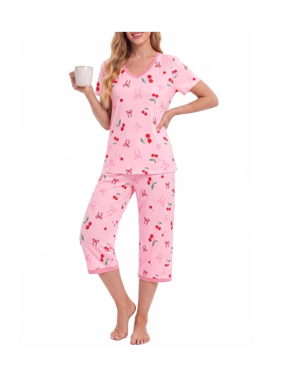 Pajamas for Womens Two Piece Sets Short Sleeve Top and Capri Pants PJs Bow & Cherry Prints Ladies Lounge Sets Sleepwear, Coral Pink, M