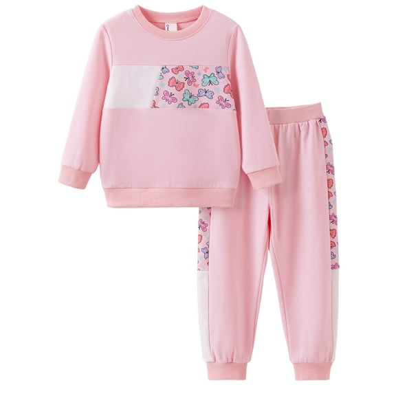 PatPat Girls Clothes Toddler Sweatshirts 2 Piece Top & Pants Set Kids Long Sleeve Fall Pullover and Joggers School Outfits Sets, Pink, 4-5 Years