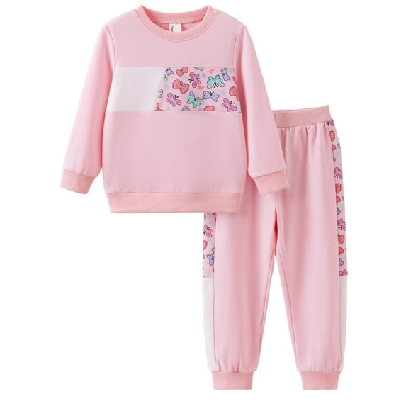 PatPat Girls Clothes Toddler Sweatshirts 2 Piece Top & Pants Set Kids Long Sleeve Fall Pullover and Joggers School Outfits Sets, Pink, 4-5 Years