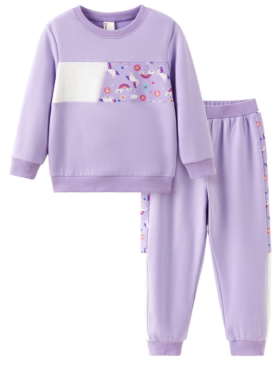 Girls Clothes Toddler Sweatshirts 2 Piece Top & Pants Kids Long Sleeve Fall Pullover and Joggers School Outfits Sets, Purple, 4-5 Years
